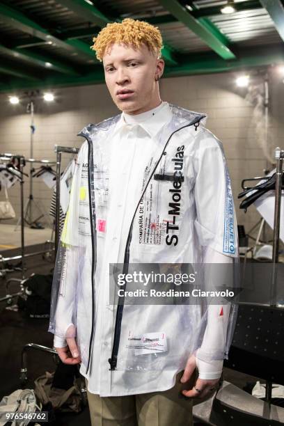 American albino model Shaun Ross is seen backstage ahead of the Marcelo Burlon County Of Milan show during Milan Men's Fashion Week Spring/Summer...