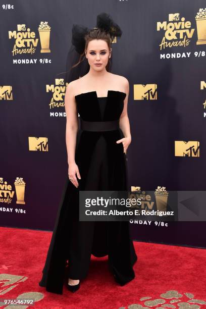 Actor Katherine Langford attends the 2018 MTV Movie And TV Awards at Barker Hangar on June 16, 2018 in Santa Monica, California.