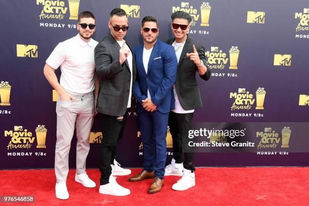 Vinny Guadagnino, Mike Sorrentino, DJ Pauly D and Ronnie Ortiz-Magro attend the 2018 MTV Movie And TV Awards at Barker Hangar on June 16, 2018 in...