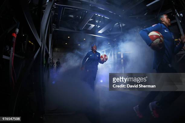 Alexis Jones of the Minnesota Lynx enters the court before the game against the New York Liberty on June 16, 2018 at Target Center in Minneapolis,...