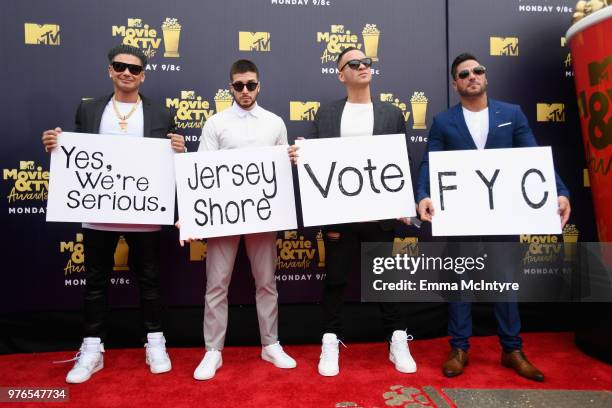 Personalities Paul DelVecchio aka DJ Pauly D, Vinny Guadagnino, Mike Sorrentino aka The Situation, and Ronnie Ortiz-Magro attend the 2018 MTV Movie...