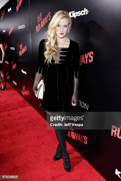 Actress Riley Keough arrives at the Los Angeles Premiere of The Runaways presented by Apparition and KLIPSCH at ArcLight Cinemas Cinerama Dome on...