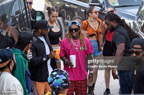 Lil Wayne arrives backstage for his set at the 2018 Firefly Music Festival on June 16, 2018 in Dover, Delaware.
