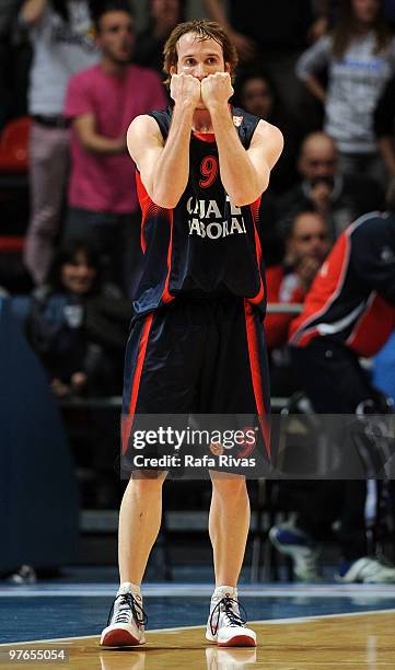 Marcelinho Huertas, #9 of Caja Laboral reacts during the Euroleague Basketball 2009-2010 Last 16 Game 6 between Caja Laboral vs Cibona Zagreb at...