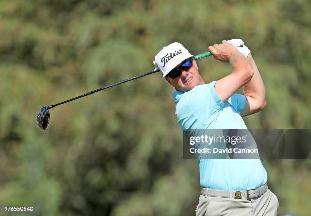 Charley Hoffman of the United States plays his tee shot on the sixth hole during the third round of the 2018 US Open at Shinnecock Hills Golf Club on...