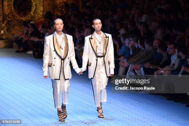 Model walks the runway at the Dolce & Gabbana show during Milan Men's Fashion Week Spring/Summer 2019 on June 16, 2018 in Milan, Italy.