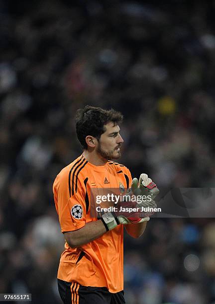 Goalkeeper Iker Casillas of Real Madrid during the UEFA Champions League round of 16 second leg match between Real Madrid and Lyon at the Estadio...