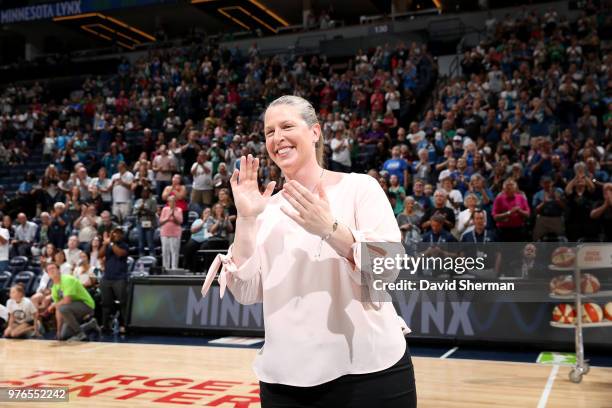 Head Coach Katie Smith of the New York Liberty is honored before the game against the Minnesota Lynx on June 16, 2018 at Target Center in...