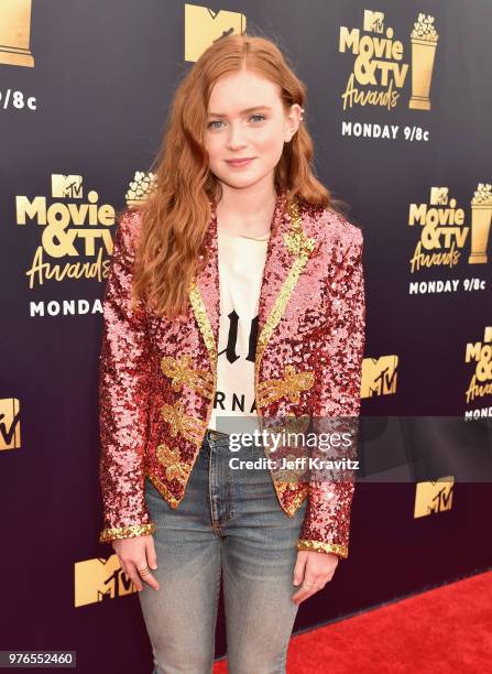 Actor Sadie Sink attends the 2018 MTV Movie And TV Awards at Barker Hangar on June 16, 2018 in Santa Monica, California.