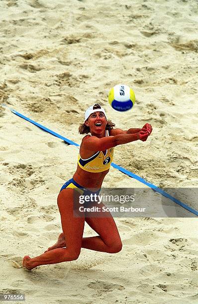 Kerry Pottharst of Australia in action during the Women's Beach Volleyball Final played between Australia and Brazil held at the Beach Volleyball...