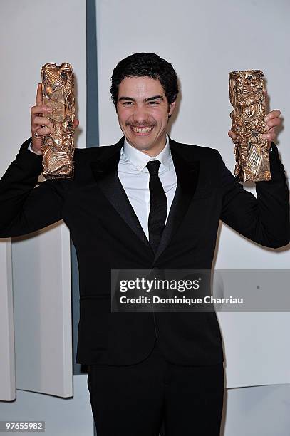 Tahar Rahim poses in Awards room after he received Best Revelation Cesar Award and Best Actor Cesar Award during 35th Cesar Film Awards at Theatre du...