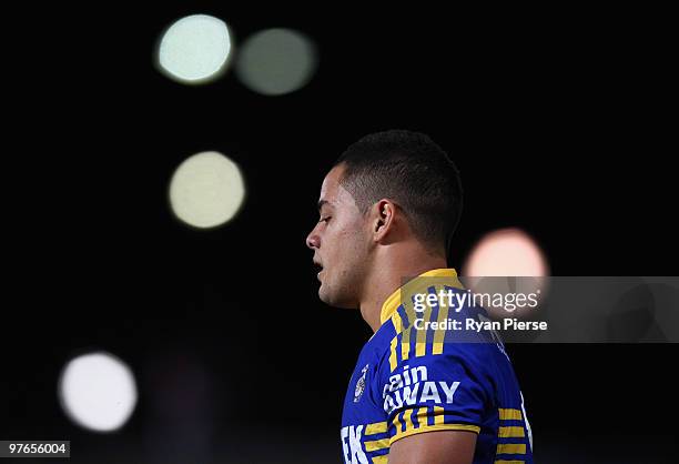 Jarryd Hayne of the Eels looks dejected during the round one NRL match between the Parramatta Eels and the St George Illawarra Dragons at Parramatta...