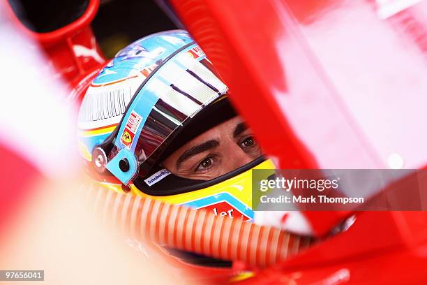 Fernando Alonso of Spain and Ferrari prepares to drive during practice for the Bahrain Formula One Grand Prix at the Bahrain International Circuit on...