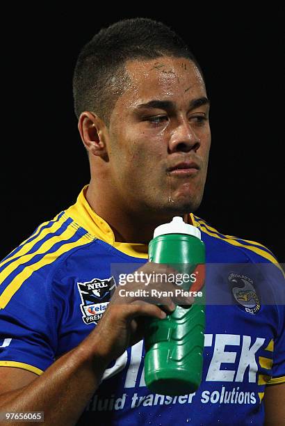 Jarryd Hayne of the Eels looks dejected during the round one NRL match between the Parramatta Eels and the St George Illawarra Dragons at Parramatta...