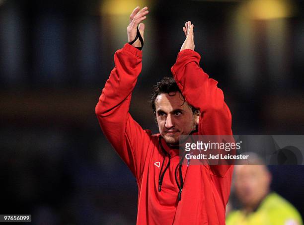 Tuncay Sanli of Stoke City applauds the fans at the end of the game during the Barclays Premier League match between Burnley and Stoke City at...