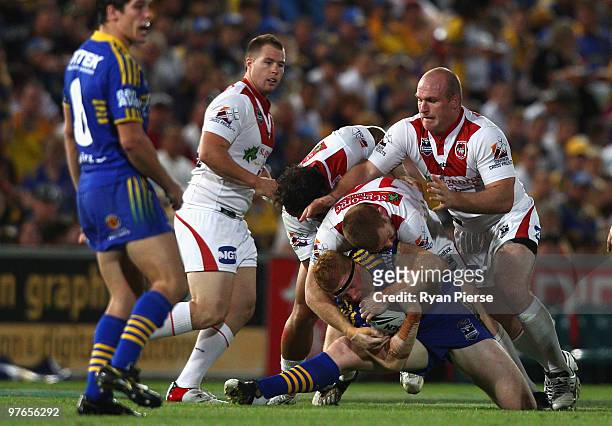 Shane Shackleton of the Eels injures his leg in a tackle during the round one NRL match between the Parramatta Eels and the St George Illawarra...
