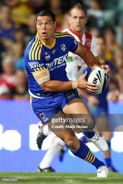 Timana Tahu of the Eels runs the ball during the round one NRL match between the Parramatta Eels and the St George Illawarra Dragons at Parramatta...
