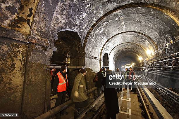 Visitors walk through the Thames Tunnel on March 12, 2010 in London, England. The tunnel was built by Marc and Isambard Kingdom Brunel and opened in...