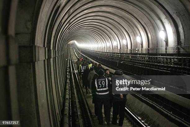 Visitors walk through the Thames Tunnel on March 12, 2010 in London, England. The tunnel was built by Marc and Isambard Kingdom Brunel and opened in...