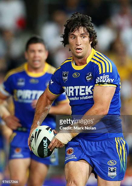 Nathan Hindmarsh of the Eels in action during the round one NRL match between the Parramatta Eels and the St George Illawarra Dragons at Parramatta...