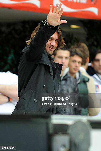 Paolo Maldini former captain of Milan gestures in vip-standing during the Serie A match between Milan and Atalanta at Stadio Giuseppe Meazza on...