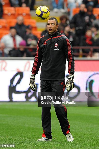 Dida goalkeeper of Milan in action during a training before the Serie A match between Milan and Atalanta at Stadio Giuseppe Meazza on February 28,...