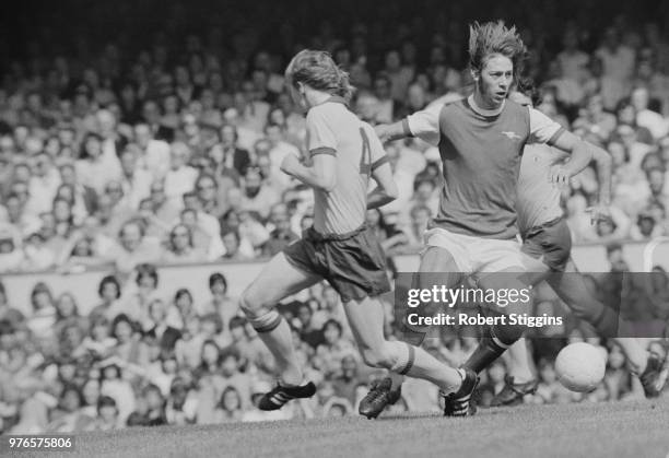 English soccer player Charlie George of Arsenal FC in action during a game, UK, 27th August 1973.