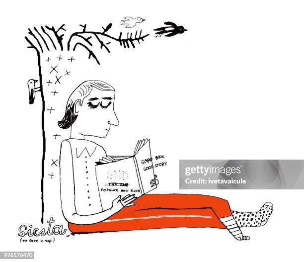 reader under the tree - kid reading book stock illustrations