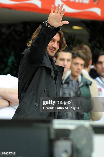 Paolo Maldini former captain of Milan gestures in vip-standing during the Serie A match between Milan and Atalanta at Stadio Giuseppe Meazza on...