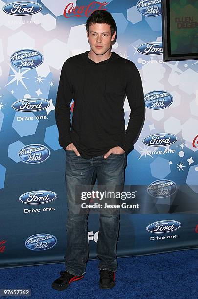 Actor Cory Monteith arrives at Fox's Meet The Top 12 'American Idol' Finalists at Industry on March 11, 2010 in Los Angeles, California.