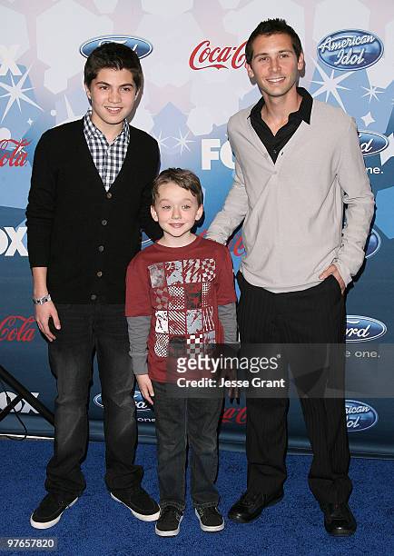 Actors Matthew Levy, Benjamin Stockham and executive producer Justin Berfield arrive at Fox's Meet The Top 12 'American Idol' Finalists at Industry...