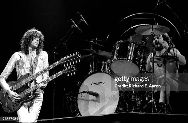 Led Zeppelin perform live on stage at Madison Square Garden, New York on June 07 1977 L-R Jimmy Page, John Bonham