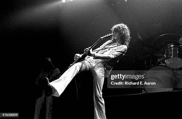 Jimmy Page from Led Zeppelin performs live on stage at Madison Square Garden, New York on June 07 1977