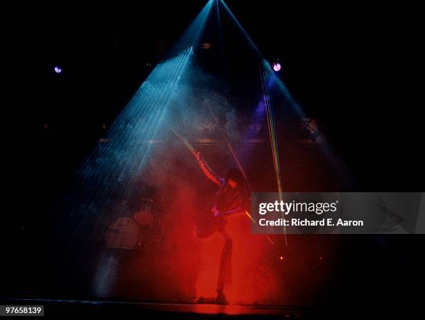 Jimmy Page from Led Zeppelin performs live on stage at Madison Square Garden, New York on June 07 1977