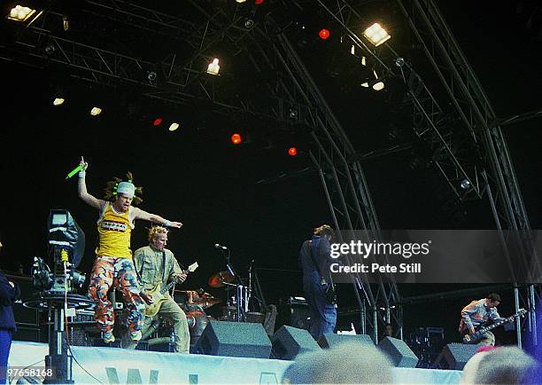 TiLo, Kai Marcus, Stephen Perkins , Tommy Lee and Chris Chaney of Methods of Mayhem perform on stage at the Glastonbury Festival on June 23th, 2000...