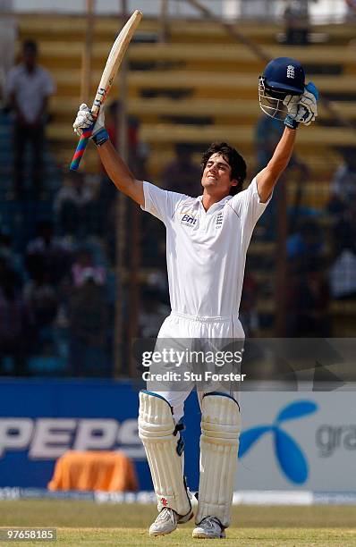 England captain Alastair Cook celebrates after reaching his century during day one of the 1st Test match between Bangladesh and England at Jahur...