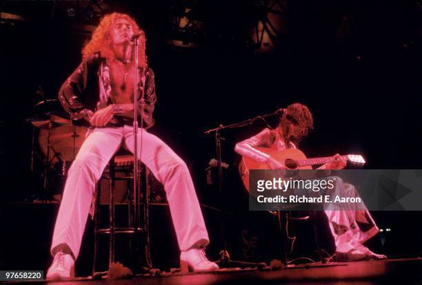 Led Zeppelin perform live on stage at Madison Square Garden, New York on June 07 1977 L-R Robert Plant, Jimmy Page