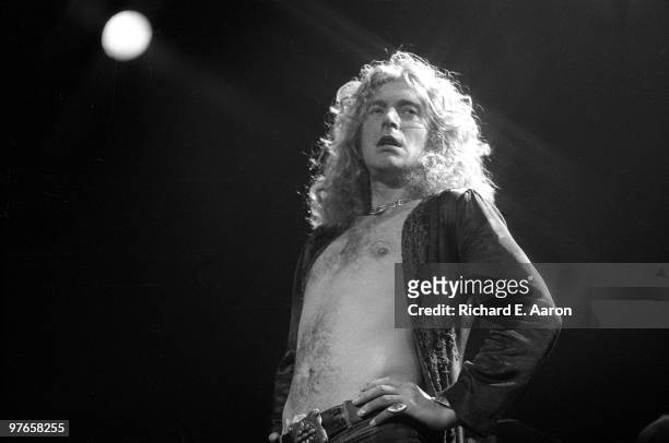 Robert Plant from Led Zeppelin performs live on stage at Madison Square Garden, New York on June 07 1977