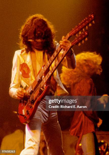 Jimmy Page from Led Zeppelin performs live on stage at Madison Square Garden, New York on June 07 1977
