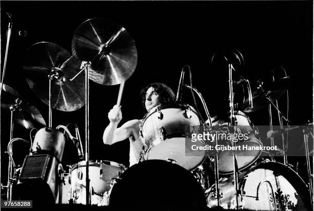 Nick Mason from Pink Floyd performs live on stage at Ahoy in Rotterdam, Holland in february 1977 during the Animals tour