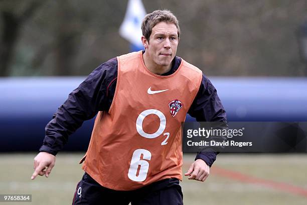 Jonny Wilkinson in action during the England rugby union squad training session at Pennyhill Park on March 12, 2010 in Bagshot, England.
