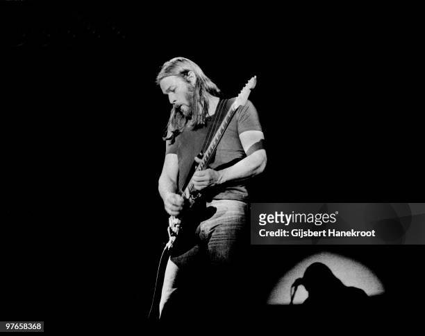 David Gilmour from Pink Floyd performs live on stage at Ahoy in Rotterdam, Holland in February 1977 during the Animals tour
