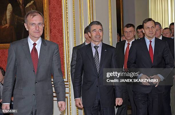 Secretary general Anders Fogh Rasmussen of Denmark, Poland's Foreign Minister Radoslaw Sikorski and Polish Defense Minister Bogdan Klich are pictured...