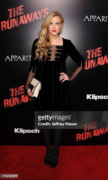 Actress Riley Keough arrives at the "The Runaways" Premiere at ArcLight Cinemas Cinerama Dome on March 11, 2010 in Hollywood, California.