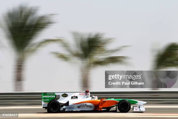 Adrian Sutil of Germany and Force India drives during practice for the Bahrain Formula One Grand Prix at the Bahrain International Circuit on March...
