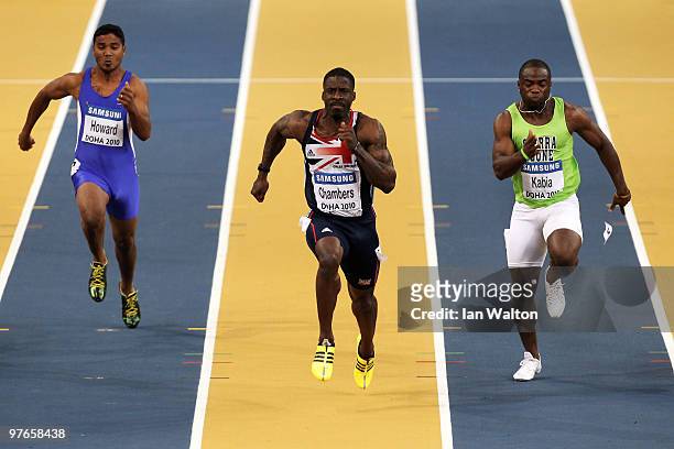Dwain Chambers of Great Britain competes and wins his Mens 60m Heat during Day 1 of the IAAF World Indoor Championships at the Aspire Dome on March...