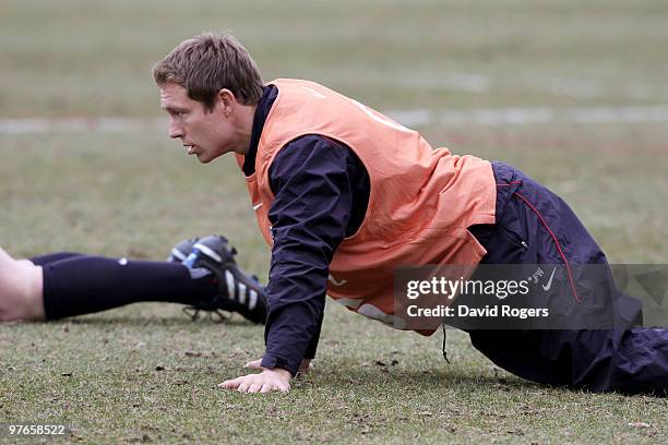 Flyhalf Jonny Wilkinson warms up during the England rugby union squad training session at Pennyhill Park on March 12, 2010 in Bagshot, England.