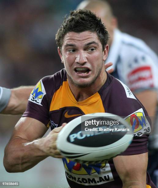 Matt Gillett of the Broncos passes the ball during the round one NRL match between the Brisbane Broncos and the North Queensland Cowboys at Suncorp...