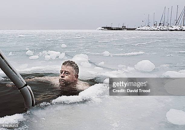 man submerged in frozen sea. - david trood stock-fotos und bilder