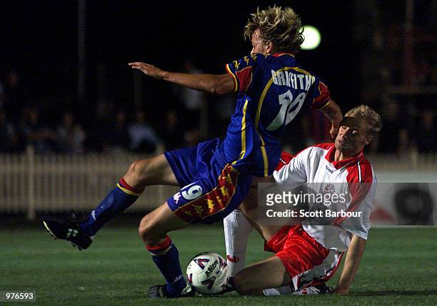 Ryan Griffiths of Northern Spirit and Brad Scott of Canberra compete for the ball during the Northern Spirit v Canberra Cosmos NSL Soccer match...